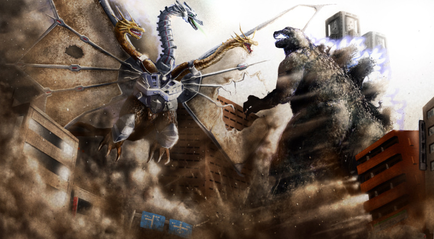 battle, city, collateral_damage, destruction, dust, godzilla, godzilla_(series), godzilla_vs.king_ghidorah, highres, hipy_(image_oubliees), kaijuu, mecha, mecha-king_ghidorah, no_humans, road_sign, sign, tail, tokyo_(city), wings