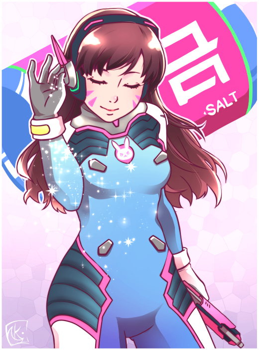 1girl, animal_print, bangs, blue_bodysuit, bodysuit, boots, bracer, breasts, breasts_apart, brown_hair, bunny_print, closed_mouth, cowboy_shot, d.va_(overwatch), eyelashes, facepaint, facial_mark, gloves, gun, hand_up, headphones, holding, holding_gun, holding_weapon, kyoute, legs_apart, lips, long_hair, long_sleeves, meme, nose, overwatch, pauldrons, pilot_suit, pink_lips, ribbed_bodysuit, salt, salt_bae_(meme), salt_shaker, shoulder_pads, signature, skin_tight, small_breasts, smile, solo, standing, thigh-highs, thigh_boots, turtleneck, weapon, whisker_markings, white_boots, white_gloves