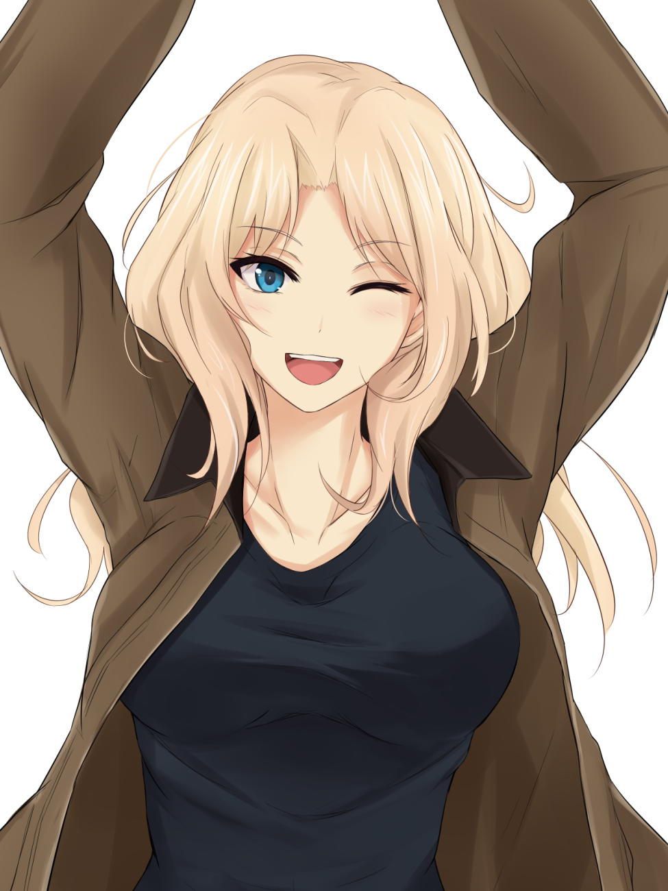 1girl, ;d, arms_up, black_shirt, blonde_hair, blue_eyes, blush, breasts, brown_jacket, collarbone, girls_und_panzer, hair_intakes, highres, jacket, kay_(girls_und_panzer), large_breasts, long_hair, long_sleeves, looking_at_viewer, one_eye_closed, open_clothes, open_jacket, open_mouth, piro_(iiiiiiiiii), shirt, smile, solo, teeth, upper_body, white_background