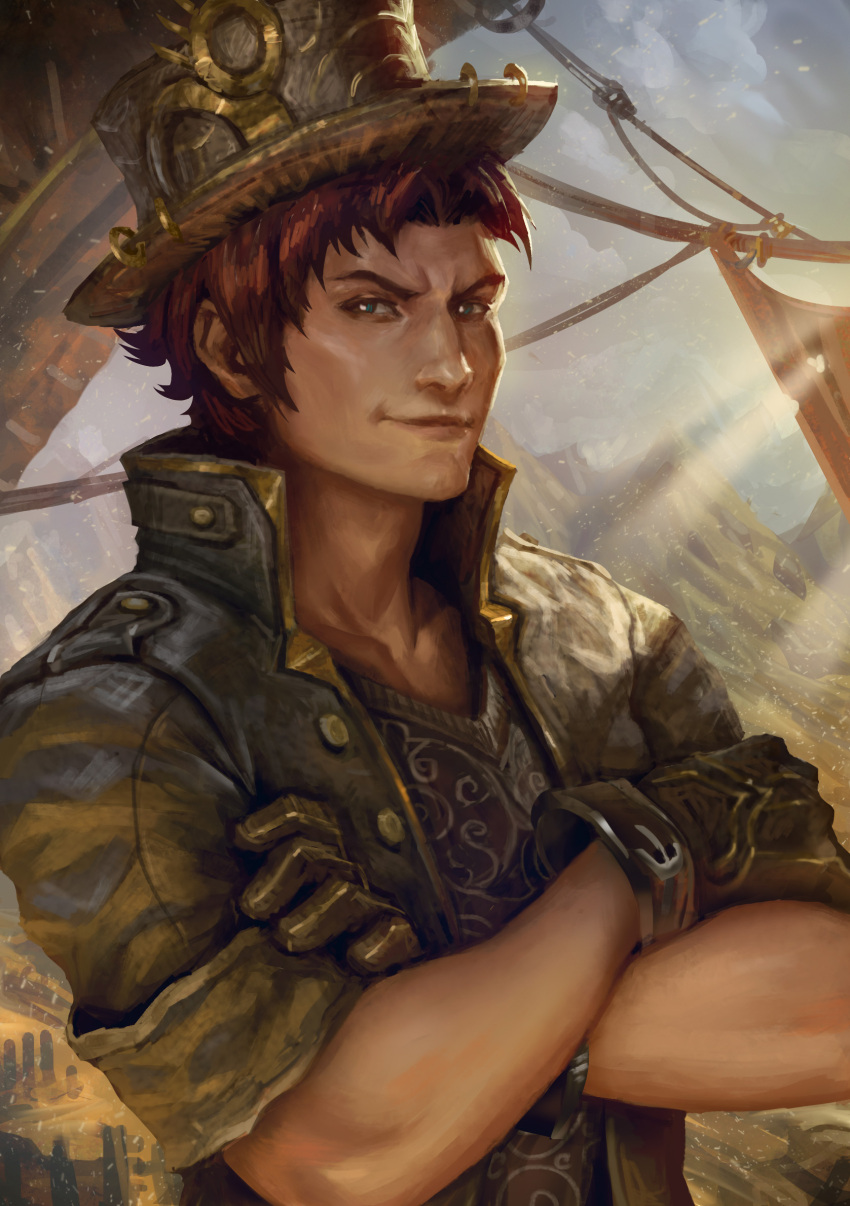 1boy, aestium_~dawn_of_hope~, aqua_eyes, black_gloves, crossed_arms, gloves, hat, highres, light, male_focus, mountain, redhead, smile, solo, top_hat, upper_body, yan_kyohara