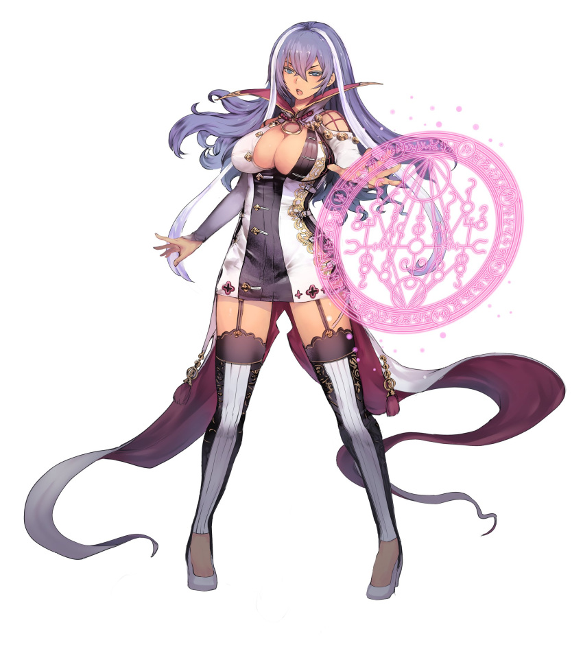 1girl, bare_shoulders, breasts, cleavage, dark_skin, dress, full_body, garter_straps