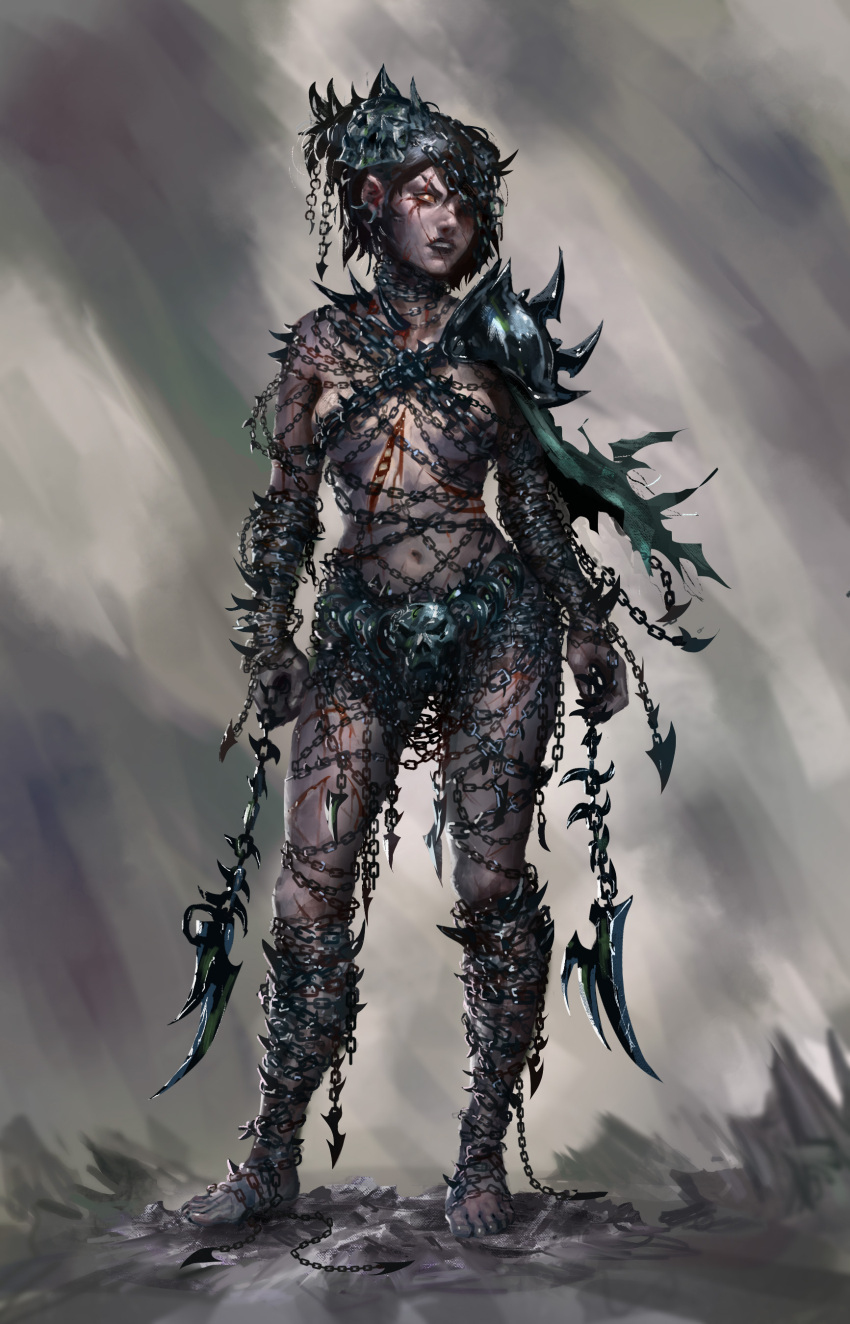 1girl, absurdres, black_hair, blade, blood, breasts, chains, contrapposto, cuts, full_body, highres, injury, medium_breasts, navel, orange_sclera, original, pauldrons, ribs, scar, scar_across_eye, solo, spikes, white_eyes, yan_kyohara