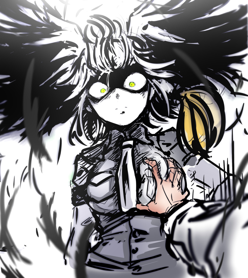 1girl, absurdres, breast_grab, breasts, collared_shirt, feathered_wings, feathers, grabbing, grey_hair, grey_shirt, head_wings, highres, kemono_friends, large_breasts, looking_at_viewer, nazo_no_diaboro, necktie, pov, pov_hands, shirt, shoebill_(kemono_friends), short_hair, simple_background, sketch, solo, spread_wings, white_necktie, wings, yellow_eyes