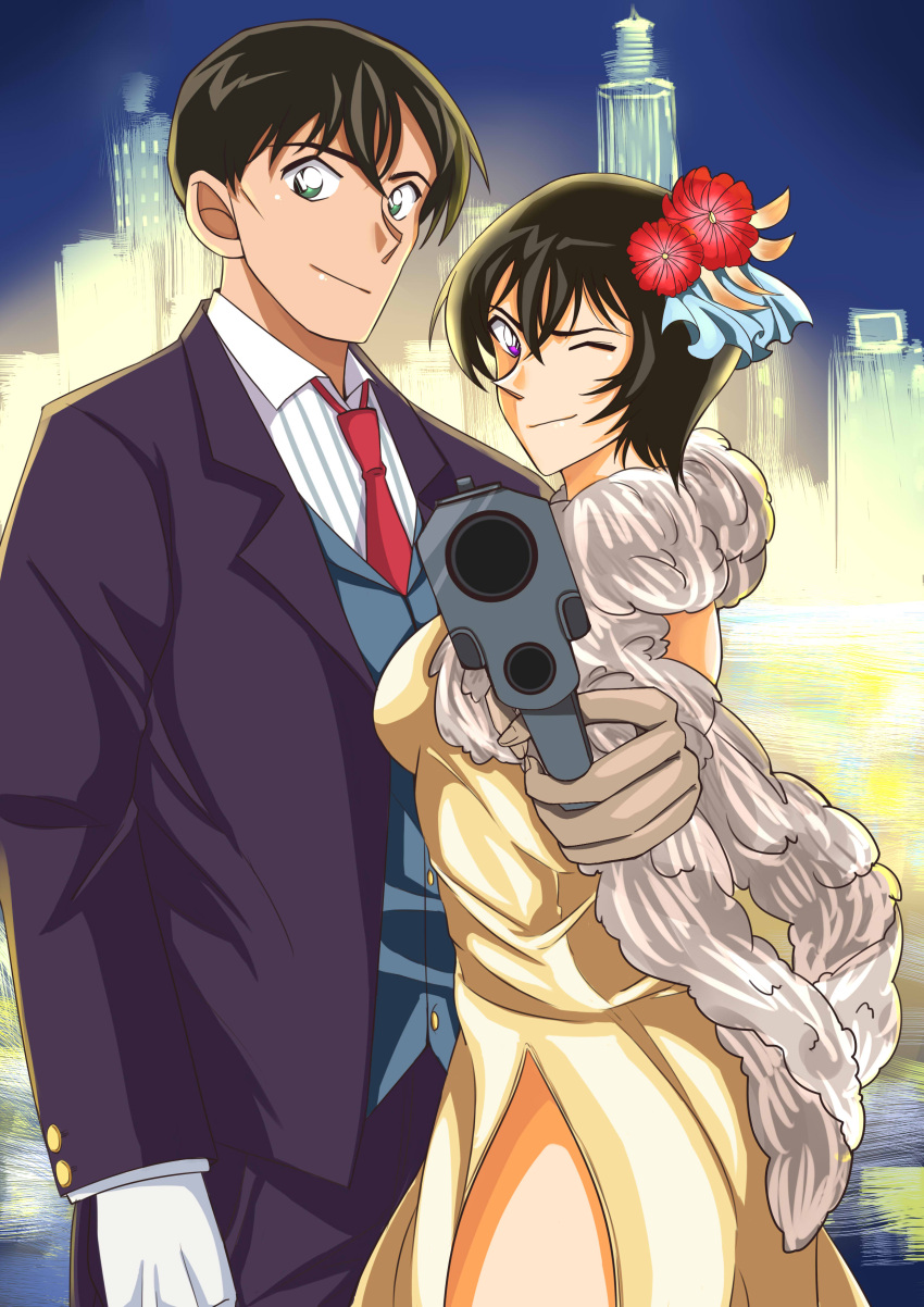 1boy, 1girl, absurdres, black_hair, brown_hair, city_lights, cityscape, cowboy_shot, dress, flower, formal, gloves, green_eyes, hair_flower, hair_ornament, highres, ikoi, looking_at_viewer, meitantei_conan, necktie, one_eye_closed, satou_miwako, scarf, shirt, short_hair, side_slit, striped, striped_shirt, suit, takagi_wataru_(meitantei_conan), thighs, violet_eyes