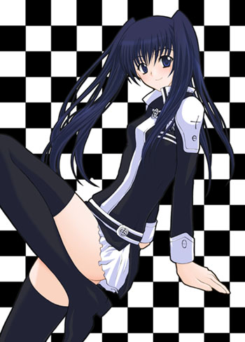 checkered_background, cross, d.gray-man, lenalee_lee, lowres, megumi_ryouko, skirt, thigh-highs
