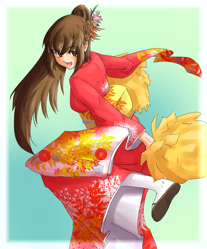 brown_eyes, brown_hair, ika_soumen, japanese_clothes, kimono, osu!_tatakae!_ouendan, ouendan, pom_poms
