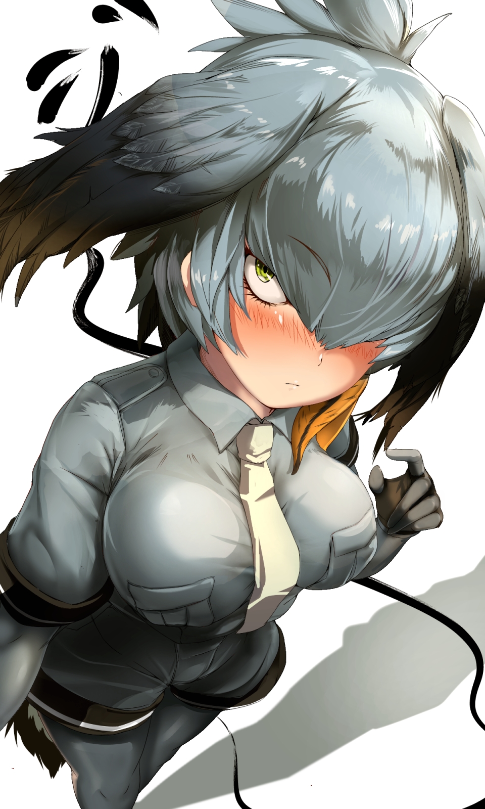 1girl, bird_tail, blush, breasts, collared_shirt, feathers, from_above, gloves
