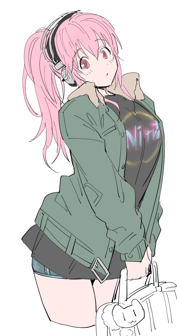 1girl, bag, black_shirt, buckle, copyright_name, cowboy_shot, eyebrows_visible_through_hair, green_jacket, handbag, headphones, holding_bag, jacket, jeje_(pixiv12541114), long_hair, nitroplus, open_clothes, open_jacket, pink_hair, ponytail, red_eyes, shirt, short_shorts, shorts, solo, super_sonico