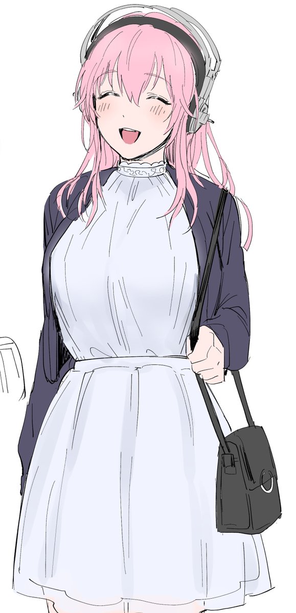 1girl, ^_^, bag, blush, closed_eyes, cowboy_shot, dress, eyebrows_visible_through_hair