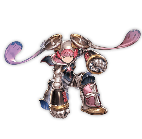 1girl, alpha_transparency, android, bangs, full_body, granblue_fantasy, long_hair, looking_at_viewer, minaba_hideo, official_art, one_knee, pink_hair, robomi_(granblue_fantasy), solo, transparent_background, twintails, yellow_eyes