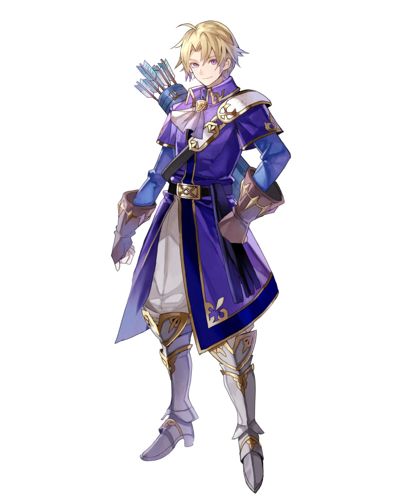 arrow, blonde_hair, boots, fingerless_gloves, fire_emblem, fire_emblem:_fuuin_no_tsurugi, fire_emblem_heroes, full_body, gloves, highres, klein_(fire_emblem), male_focus, official_art, quiver, transparent_background, violet_eyes