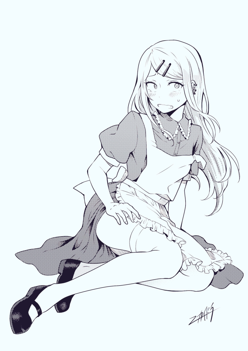 1girl, apron, constricted_pupils, dagashi_kashi, dress, ear_piercing, endou_saya_(dagashi_kashi), fang