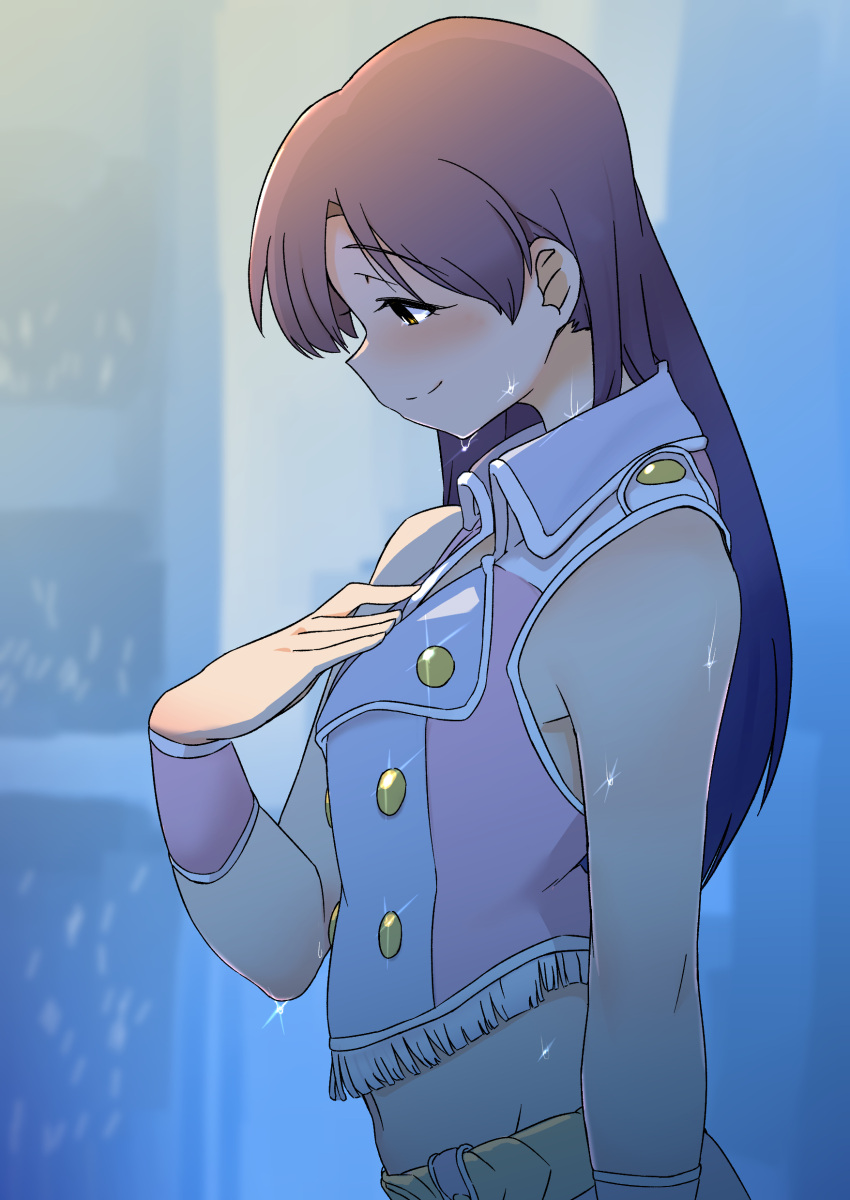 1girl, absurdres, blue_hair, brown_eyes, hand_on_own_chest, highres, idolmaster, kisaragi_chihaya, long_hair, looking_down, midriff, momo_no_suidou-sui, navel, pink_diamond_765, sad_smile, smile, solo, sparkle, tears