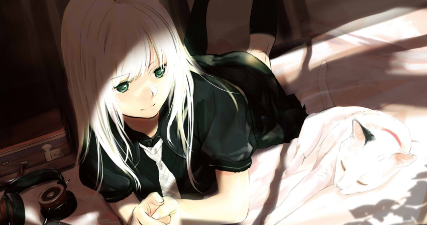 1girl, black_legwear, black_shrit, black_skirt, cat, closed_eyes, eyebrows_visible_through_hair, green_eyes