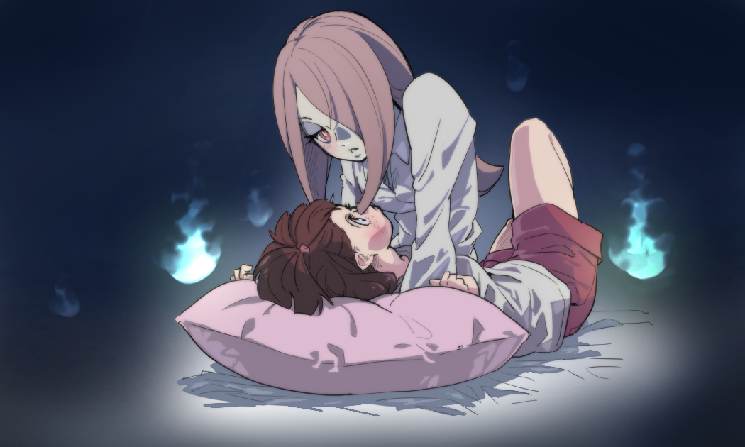 2girls, akko_kagari, brown_hair, eye_contact, fire, hair_over_one_eye, little_witch_academia, long_hair, looking_at_another, multiple_girls, nukosann, pajamas, pillow, pink_hair, red_eyes, sucy_manbabalan, sucy_manbavaran, yuri