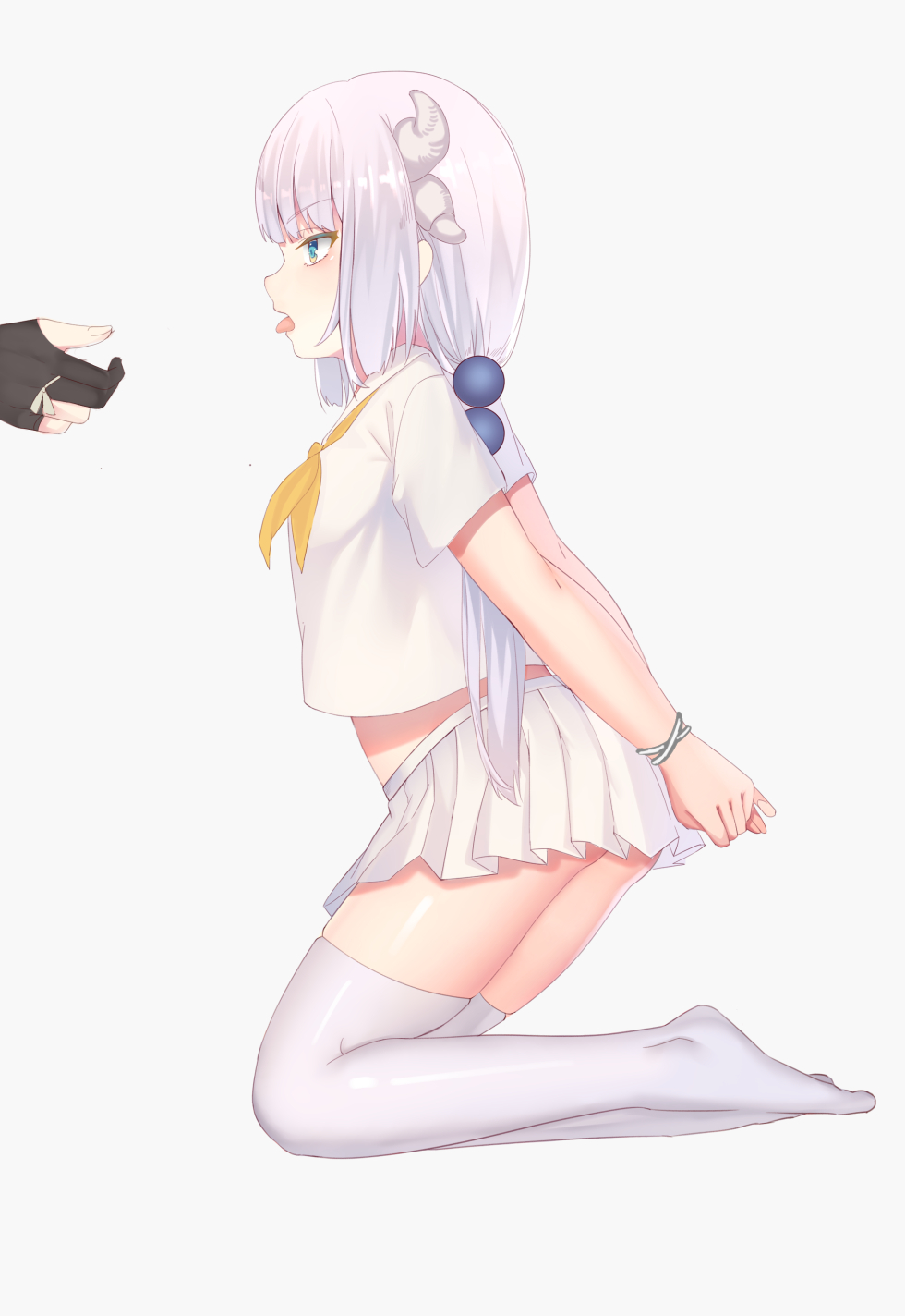 1girl, arms_behind_back, bangs, beads, black_gloves, blue_eyes, blunt_bangs, bound