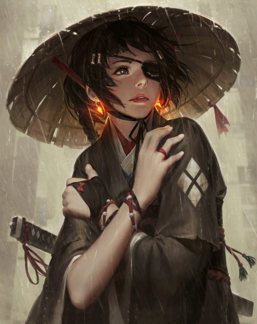 1girl, black_eyes, black_hair, black_kimono, black_ribbon, crossed_arms, earrings, eyepatch
