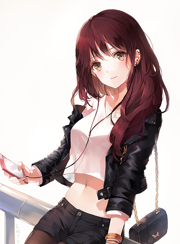 1girl, bag, bangs, black_jacket, black_shorts, bracelet, breasts, brown_eyes, brown_hair, brown_legwear, cable, cellphone, closed_mouth, crop_top, cropped_jacket, cropped_shirt, ear_piercing, earphones, eyebrows_visible_through_hair, holding, holding_cellphone, holding_phone, jacket, jewelry, legs_together, long_hair, long_sleeves, looking_at_viewer, medium_breasts, midriff, navel, open_clothes, open_jacket, original, pantyhose, phone, piercing, shirt, short_shorts, shorts, shoulder_bag, simple_background, sitting, sleeves_past_elbows, smartphone, smile, solo, upper_body, white_background, white_shirt, wrist_straps, yumaomi