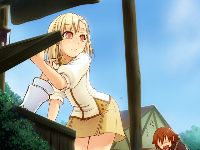 bent_over, blush, brown_eyes, brown_hair, bush, caryo, crate, drool