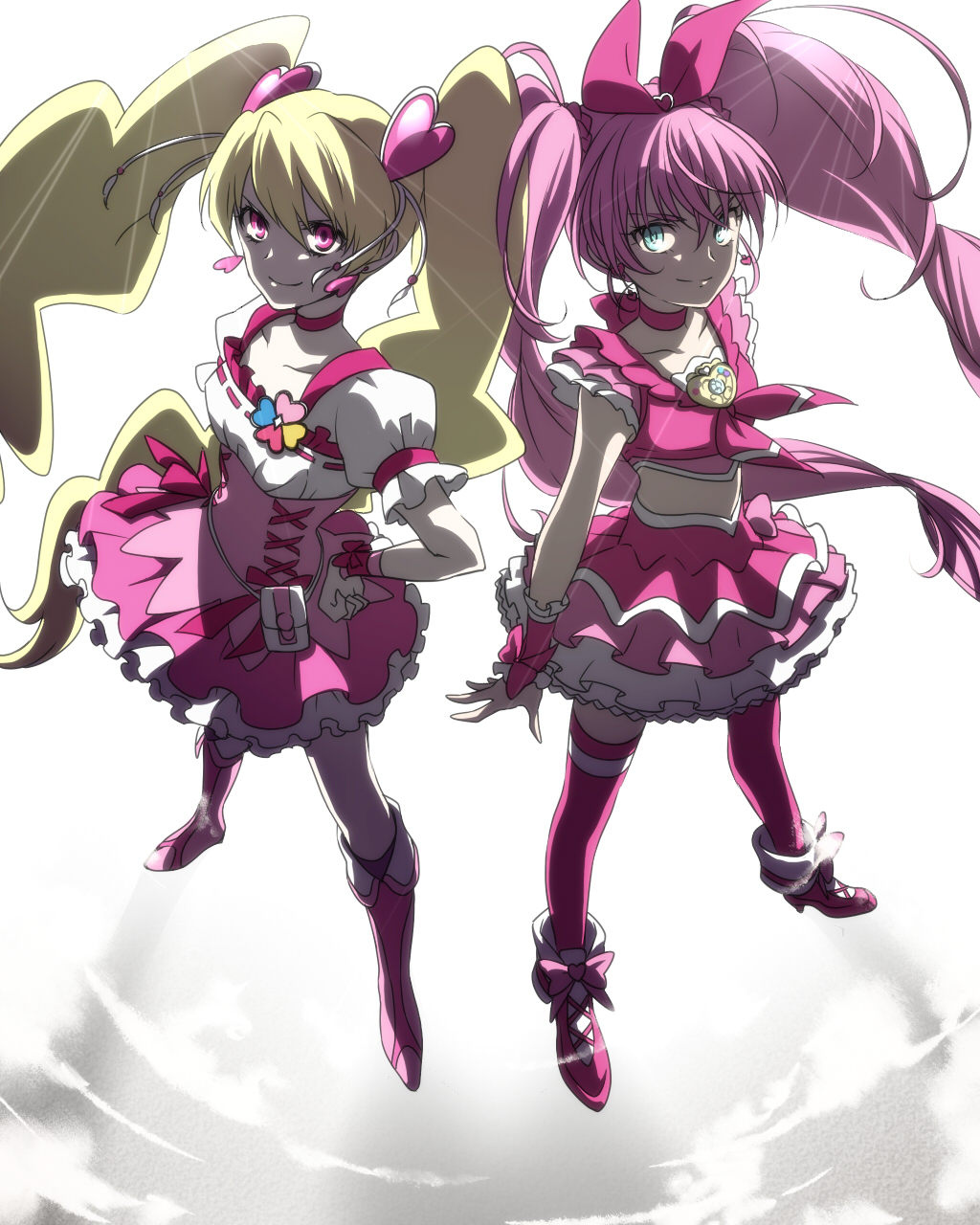 2girls, blonde_hair, blue_eyes, boots, bow, braid, brooch, choker