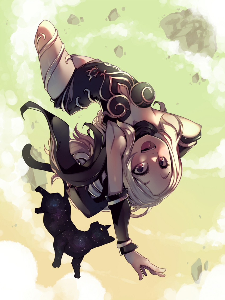 1girl, armpits, blonde_hair, breasts, cat, cleavage, dark_skin, dusty_(gravity_daze)