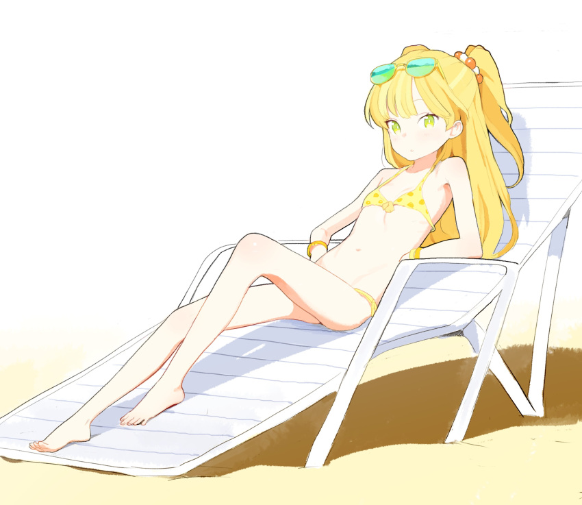 1girl, absurdres, bare_legs, barefoot, beach, bikini, blonde_hair, breasts