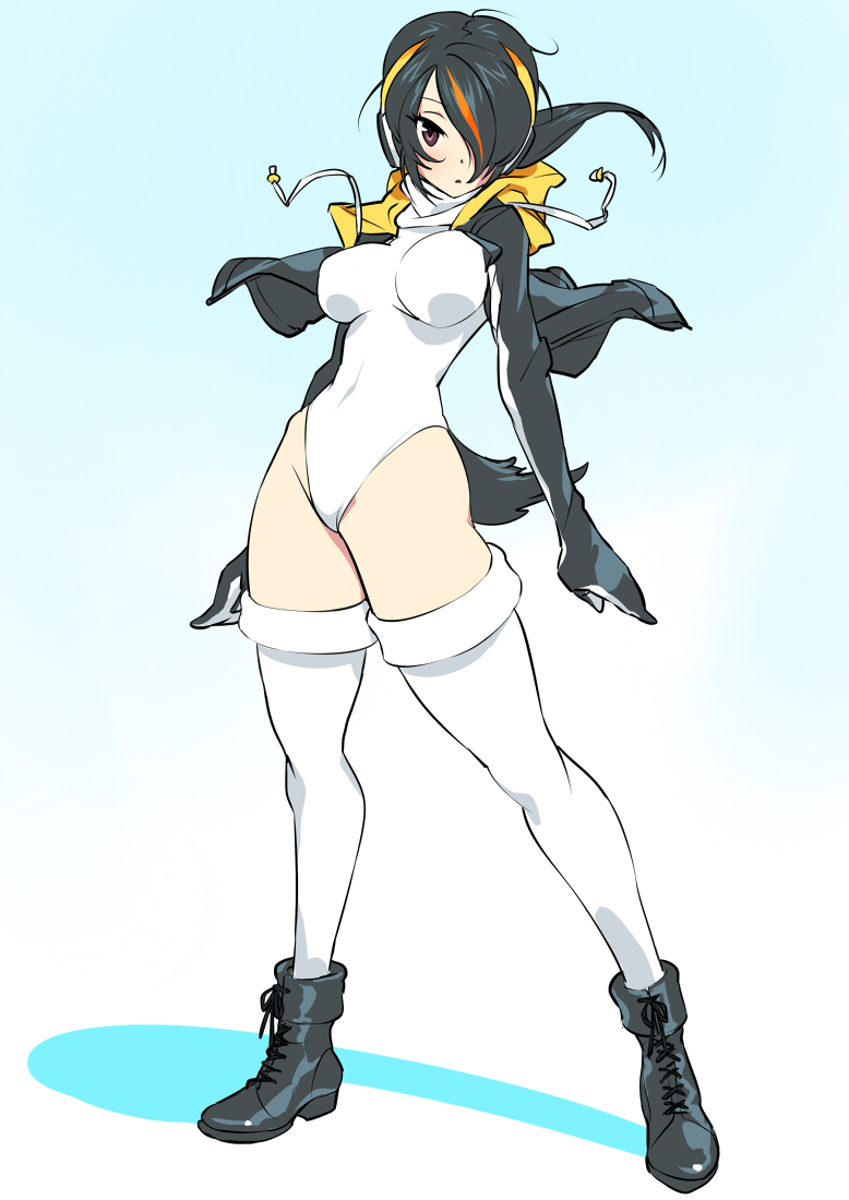 1girl, black_hair, boots, breasts, brown_eyes, emperor_penguin_(kemono_friends), full_body, hair_over_one_eye