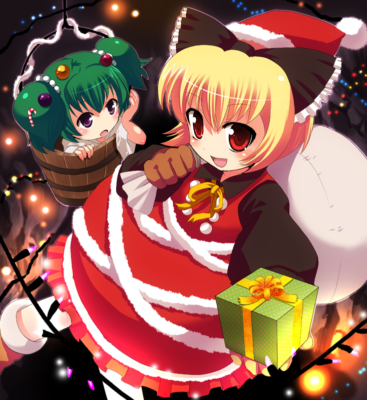 blonde_hair, bucket, christmas, gift, girl_in_bucket, green_hair, hat, holding