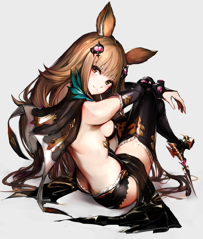 1girl, animal_ears, ass, bangs, black_gloves, black_legwear, breasts, brown_eyes