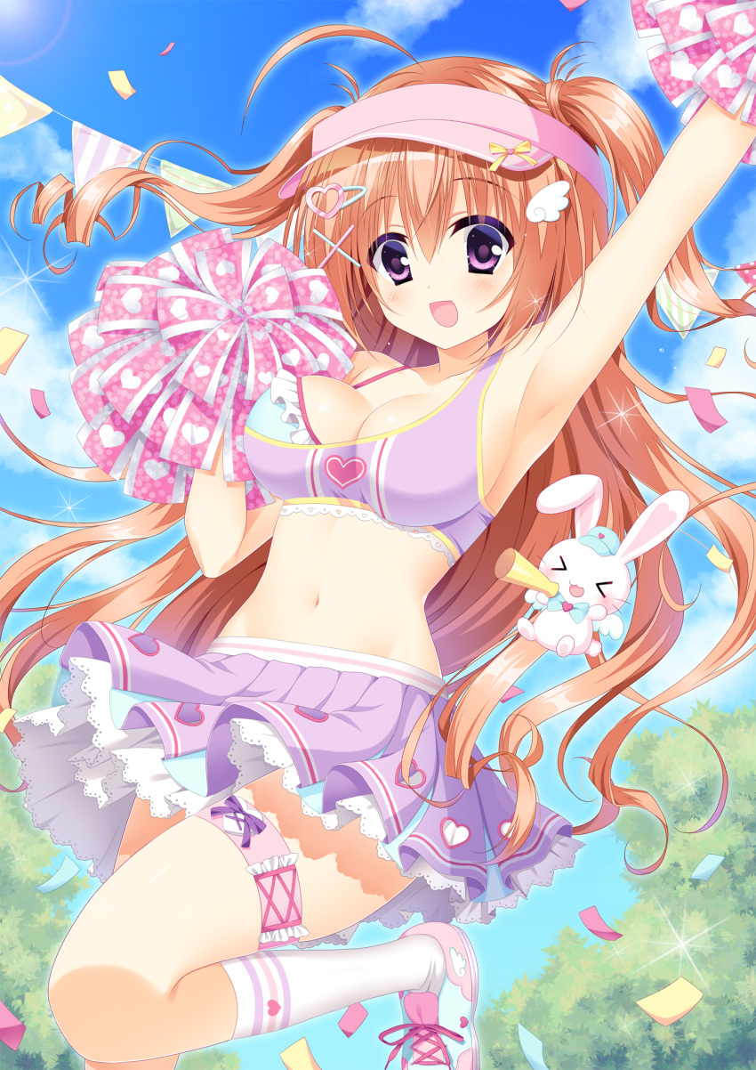 >_<, 1girl, arm_up, blue_hair, blush, bow, brown_hair, cheerleader