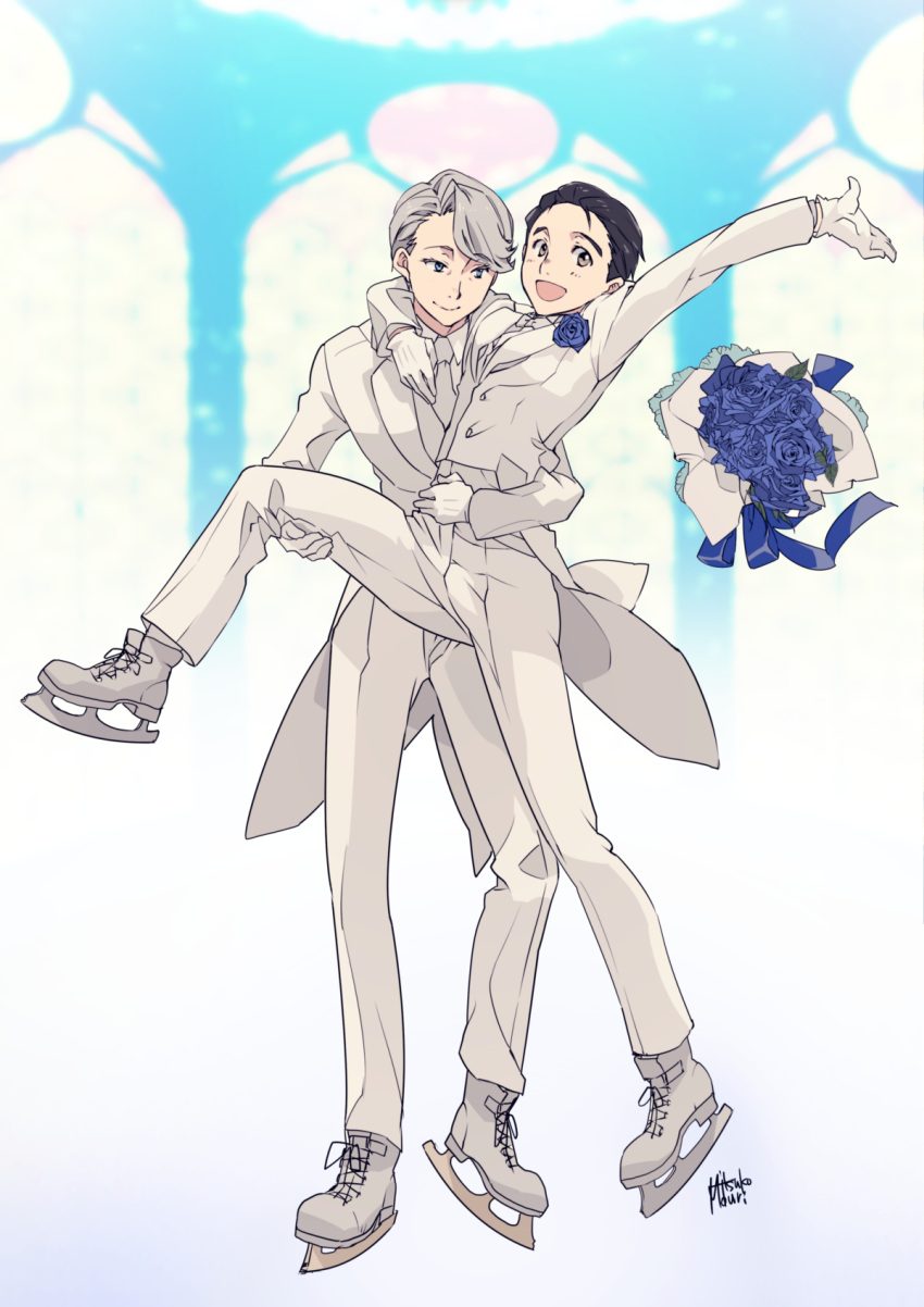 2boys, :d, arm_around_neck, arm_around_waist, black_hair, blue_eyes, blue_rose, bouquet