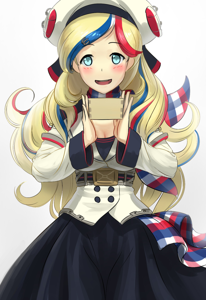 1girl, ao_iro, belt, belt_buckle, beret, black_skirt, blonde_hair, blue_eyes