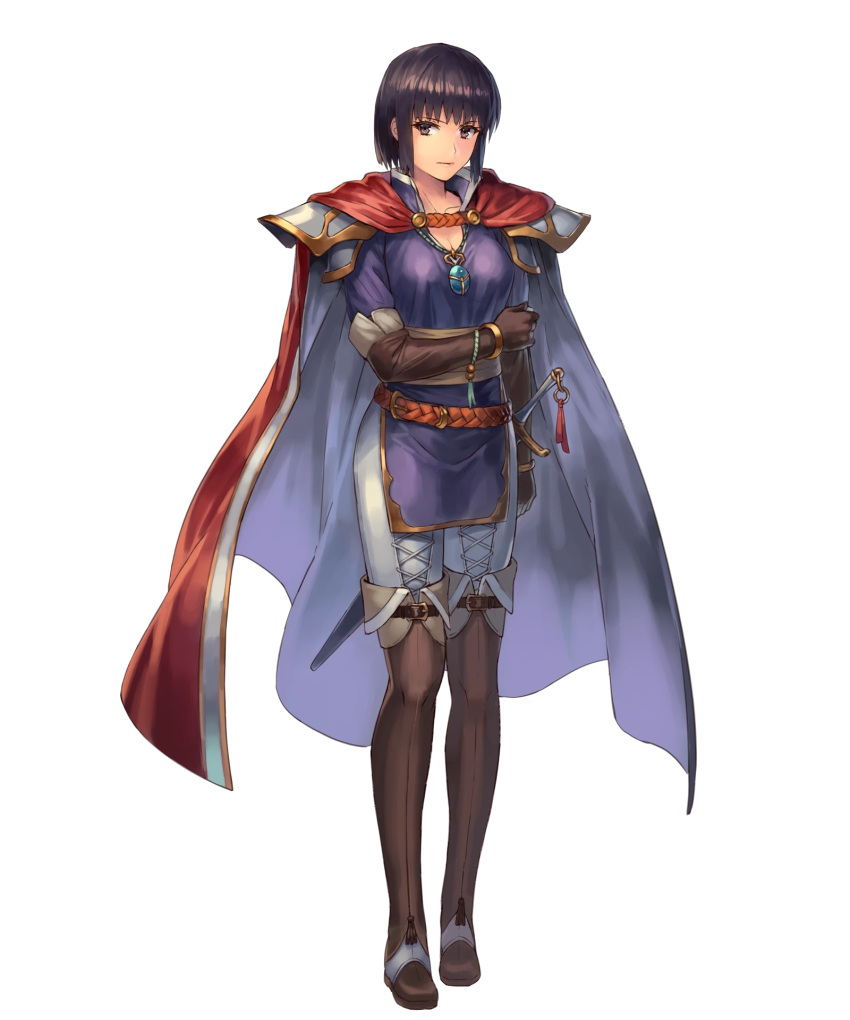1girl, belt, brown_hair, cape, elbow_gloves, fire_emblem, fire_emblem:_thracia_776, fire_emblem_heroes, full_body, gloves, highres, official_art, olwen_(fire_emblem), pant, short_hair, solo, standing, sword, thigh-highs, transparent_background, violet_eyes, weapon