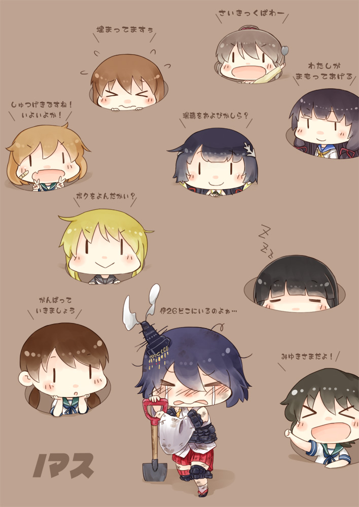 >_<, 6+girls, :d, black_hair, blonde_hair, blush, bow, brown_hair