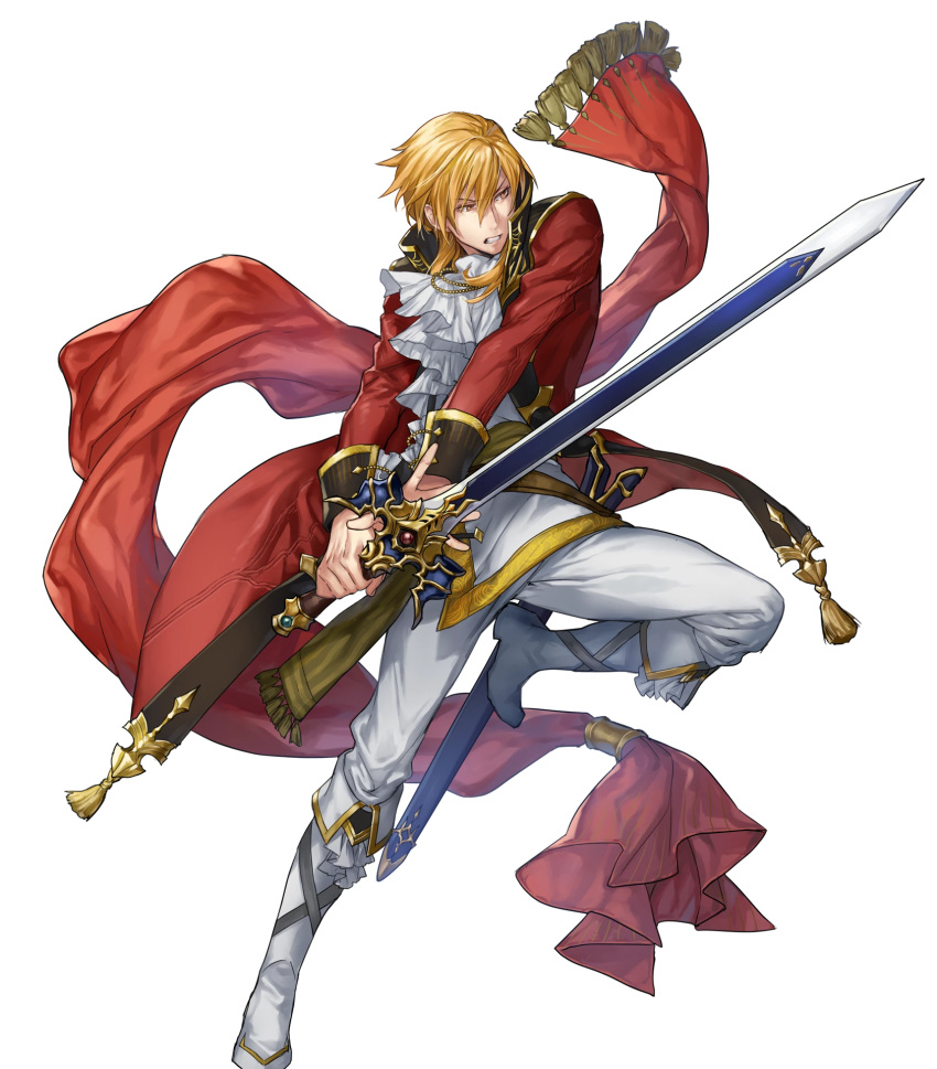 1boy, artist_request, attack, bared_teeth, belt, blonde_hair, boots, brown_eyes, coat, collar, cravat, eltoshan_(fire_emblem), fire_emblem, fire_emblem:_seisen_no_keifu, fire_emblem_heroes, full_body, highres, holding, holding_sword, holding_weapon, knee_boots, male_focus, mystletainn, official_art, pants, red_coat, serious, sheath, sheathed, short_hair, short_hair_with_long_locks, solo, sword, teeth, transparent_background, weapon, white_pants