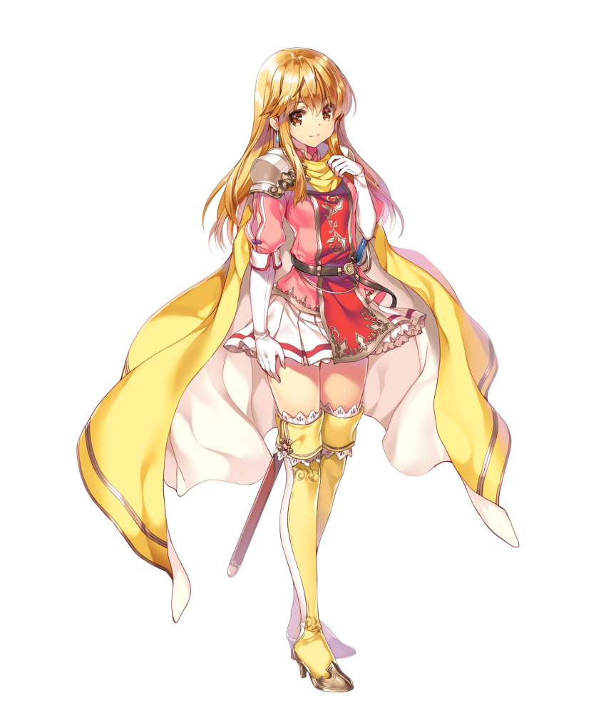 1girl, belt, blonde_hair, brown_eyes, cape, closed_mouth, earrings, elbow_gloves