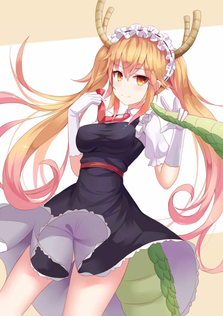 1girl, bangs, black_dress, blush, breasts, cowboy_shot, dragon_girl, dragon_horns