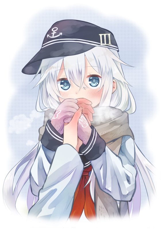 1girl, black_hat, blue_eyes, breath, brown_scarf, flat_cap, gloves, hands