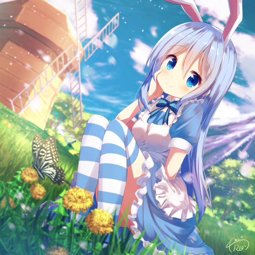 1girl, alice_(wonderland), alice_(wonderland)_(cosplay), alice_in_wonderland, animal_ears, apron, bangs, blue_bow, blue_bowtie, blue_dress, blue_eyes, blue_hair, blue_shoes, blue_sky, blurry, blush, bow, bowtie, breasts, butterfly, cherry_blossoms, closed_mouth, clouds, collar, cosplay, dandelion, day, depth_of_field, dress, dutch_angle, eyebrows_visible_through_hair, fake_animal_ears, flower, frilled_dress, frills, full_body, gochuumon_wa_usagi_desu_ka?, grass, hair_between_eyes, hairband, hand_on_own_cheek, highres, kafuu_chino, long_hair, looking_at_viewer, mary_janes, mokachino, outdoors, petals, puffy_short_sleeves, puffy_sleeves, rabbit_ears, shoes, short_sleeves, sidelocks, signature, sky, small_breasts, smile, solo, squatting, striped, striped_bow, striped_bowtie, striped_legwear, thigh-highs, tree, upskirt, white_apron, windmill