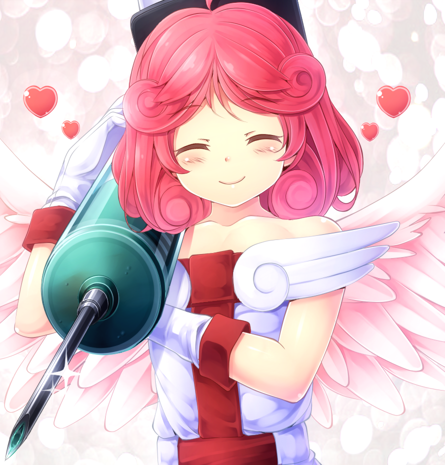 1girl, angel_wings, bare_shoulders, blush, closed_eyes, duel_monster, gloves, heart