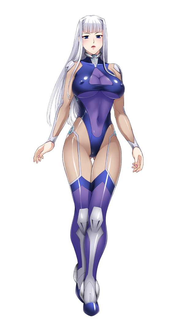 1girl, blue_eyes, bodysuit, breasts, cleavage, covered_navel, erect_nipples, fujisaki_ai, full_body, koukaku_no_ai, leotard, lipstick, long_hair, looking_at_viewer, makeup, official_art, simple_background, skin_tight, solo, standing, thigh-highs, white_background, white_hair, zol
