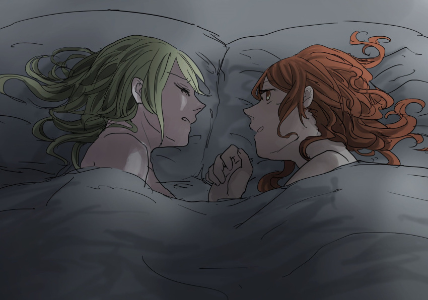 2girls, alternate_hairstyle, aquila_(kantai_collection), bare_shoulders, bed, blanket, blonde_hair, closed_eyes, commentary, ears_visible_through_hair, graf_zeppelin_(kantai_collection), hair_down, highres, kantai_collection, long_hair, metelore, multiple_girls, open_mouth, orange_hair, pillow, wavy_hair, yuri