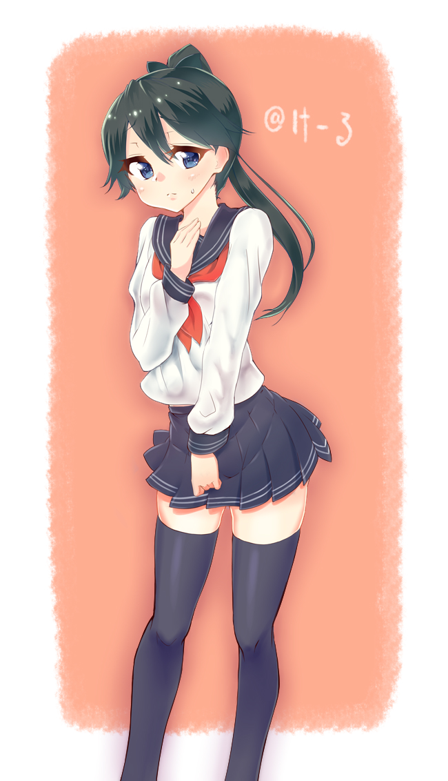 1girl, black_hair, blue_eyes, high_ponytail, houshou_(kantai_collection), kantai_collection, long_hair, microskirt