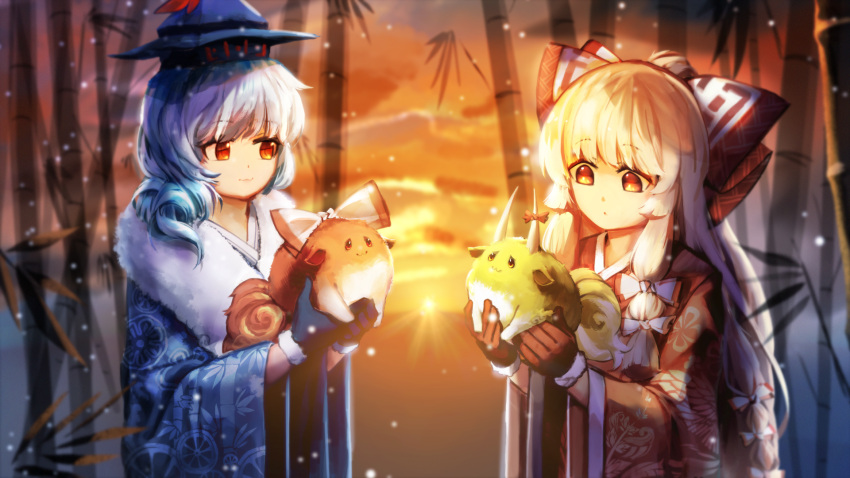 2girls, :3, alternate_costume, alternate_hair_length, alternate_hairstyle, animal_print, bamboo, bamboo_forest