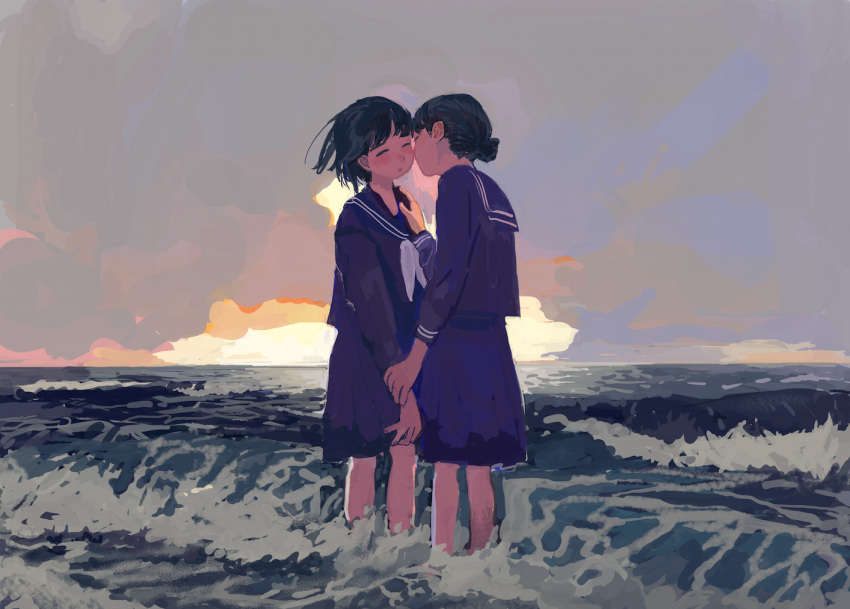 2girls, beach, black_hair, closed_eyes, incipient_kiss, minahamu, multiple_girls, ocean, original, sailor_collar, school_uniform, short_hair, skirt, standing, water, waves, yuri