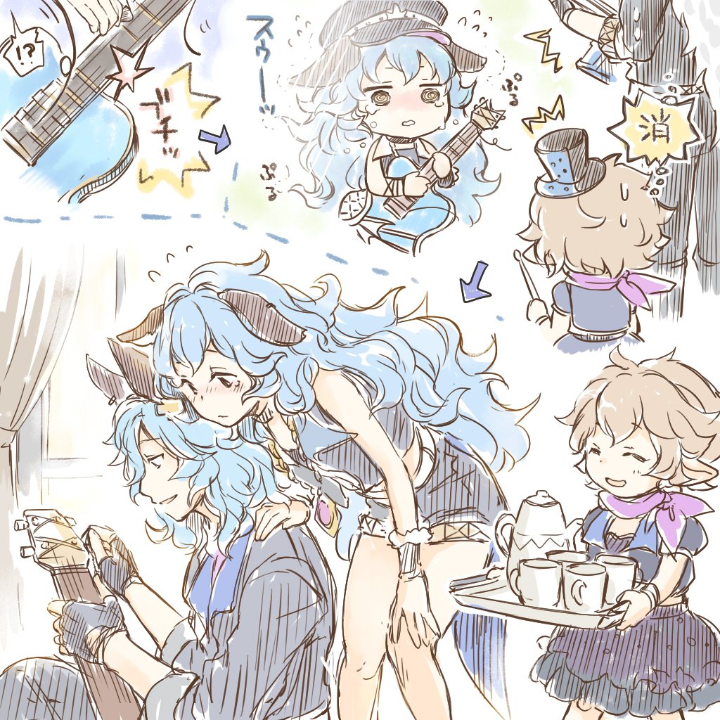 animal_ears, band, bracer, cup, drunk_(granblue_fantasy), erun_(granblue_fantasy), erunea, ferry_(granblue_fantasy), fingerless_gloves, gloves, granblue_fantasy, guitar, hat, hoshikuzushi, instrument, long_hair, mini_hat, mini_top_hat, shorts, sierokarte, tea_set, teacup, teapot, top_hat, wavy_hair