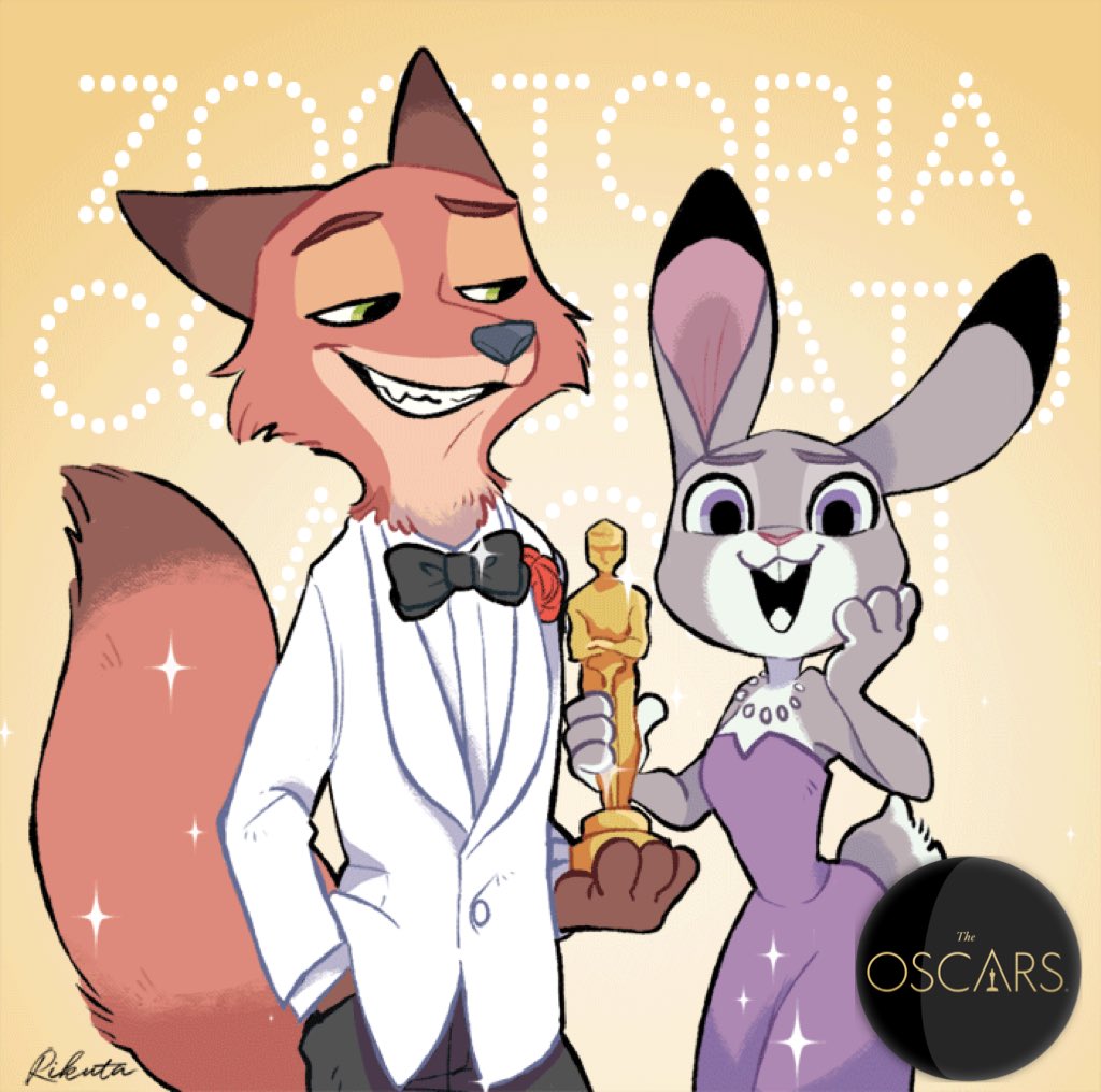 1boy, 1girl, academy_award_of_merit, black_bow, black_bowtie, bow, bowtie, bunny_tail, copyright_name, dress, fox, fox_tail, furry, green_eyes, grin, hand_in_pocket, hand_on_own_cheek, jacket, jewelry, judy_hopps, necklace, nick_wilde, open_mouth, orange_background, purple_dress, rabbit, shiroyama_rikuta, signature, smile, strapless, strapless_dress, tail, tuxedo, violet_eyes, white_jacket, zootopia