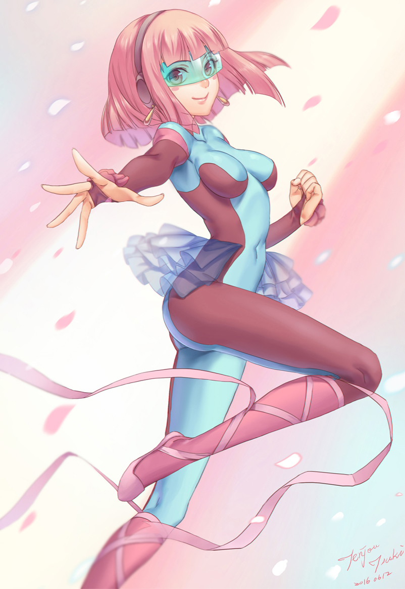 1girl, bangs, blue_skirt, blunt_bangs, blush, bodysuit, breasts, brown_eyes