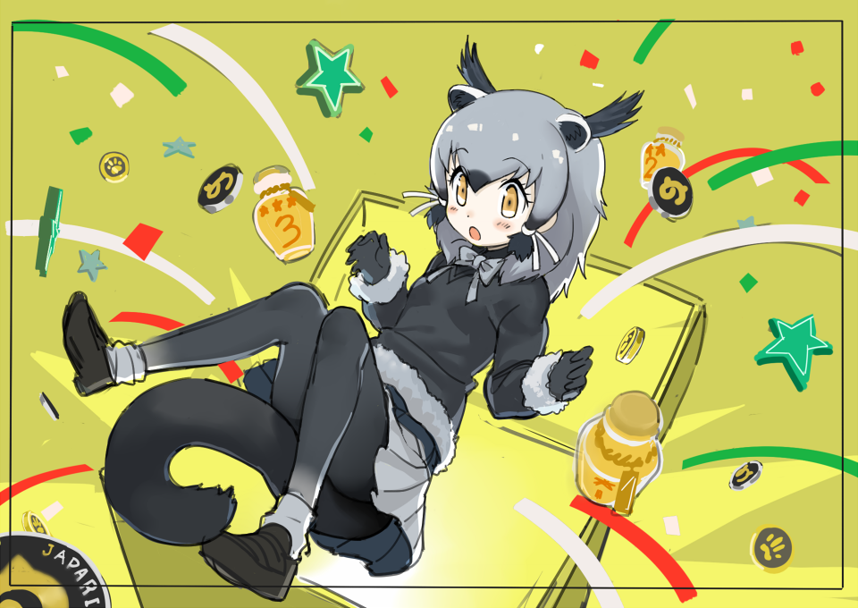 1girl, :o, animal_ears, artist_request, binturong_(kemono_friends), binturong_ears, binturong_tail, black_gloves