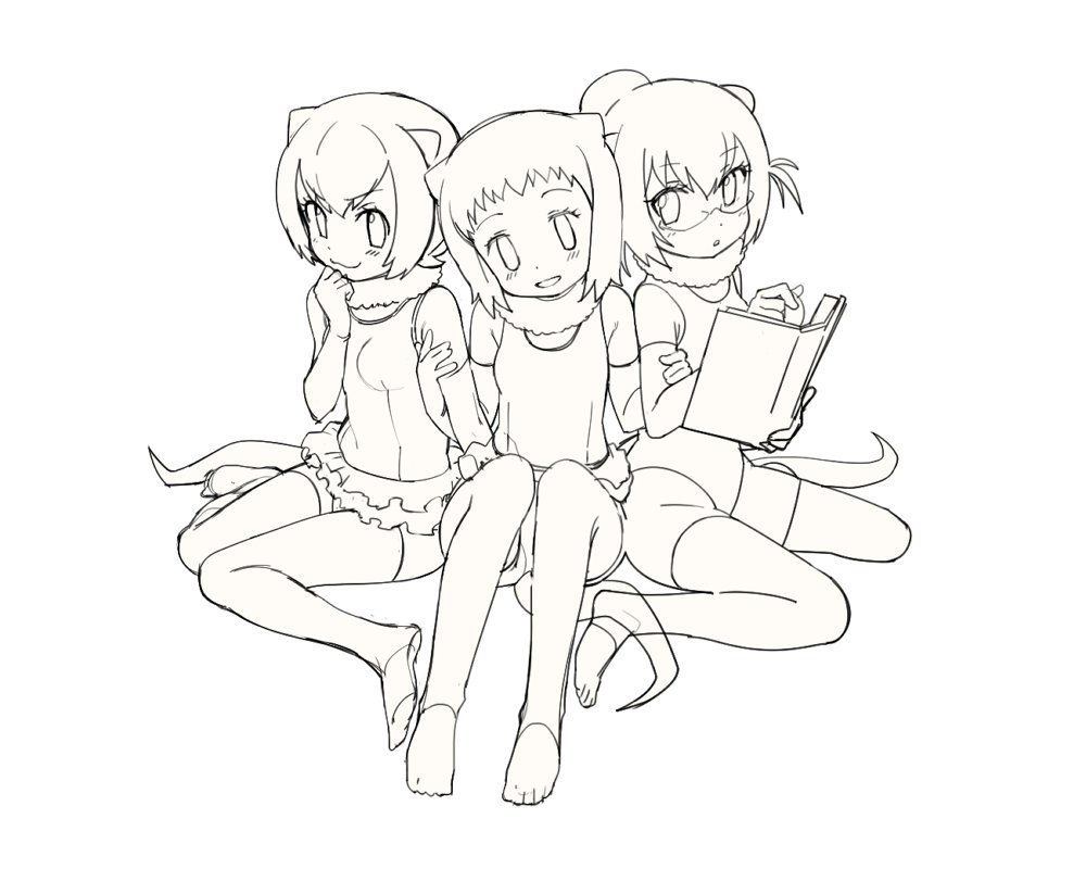 >:3, 3girls, :3, :d, :o, animal_ears, armpit_peek, artist_request